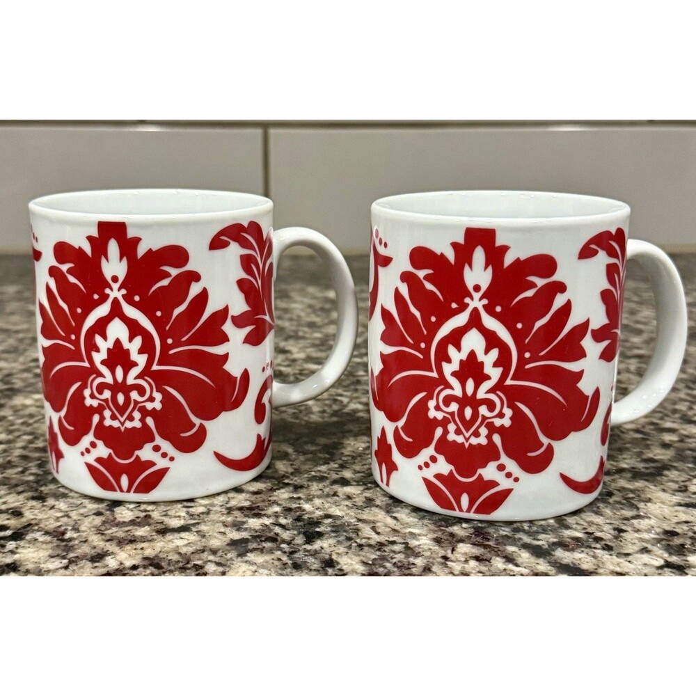 Set of 2 Nanette Lepore Red Damask Mugs Elegant Cup set